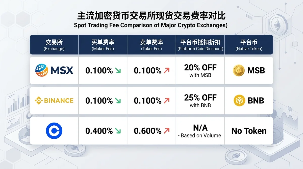 MSX、Binance、Coinbase现货费率对比表格，包含买单费率、卖单费率及平台币抵扣折扣