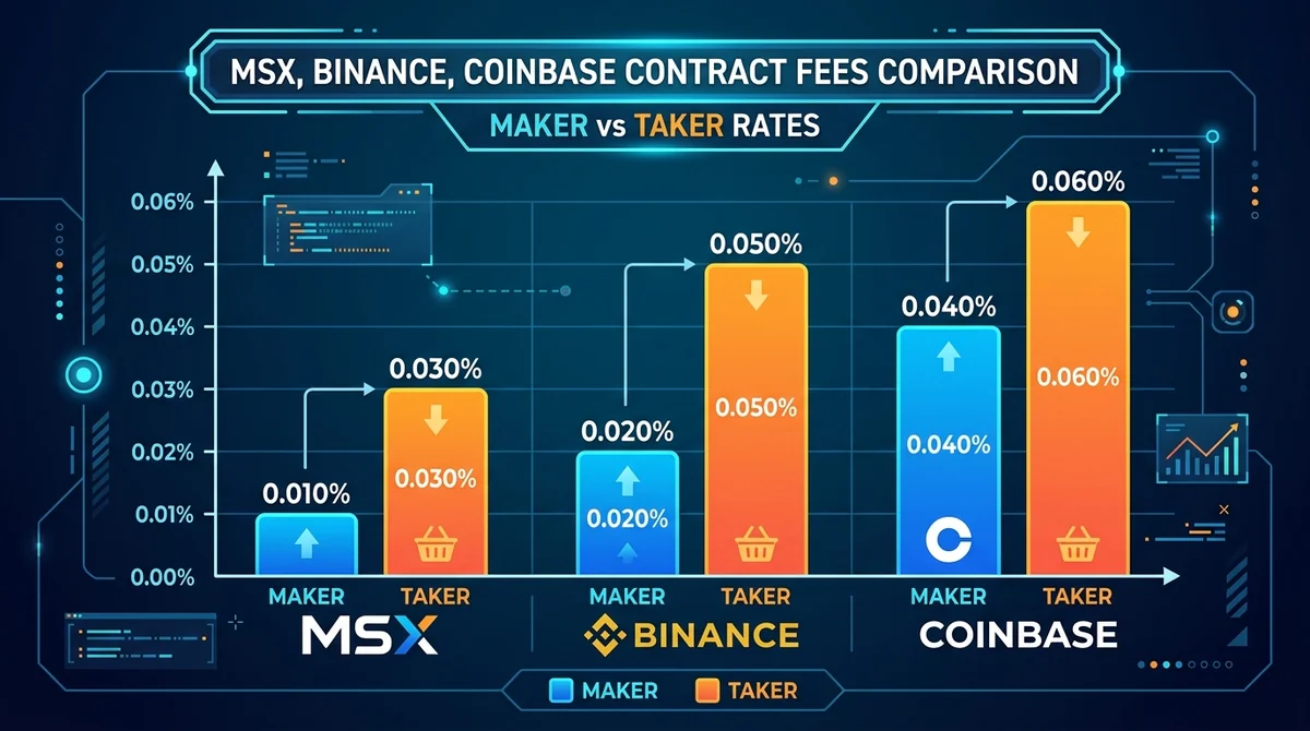 MSX、Binance、Coinbase合约费率对比柱状图,区分maker和taker费率