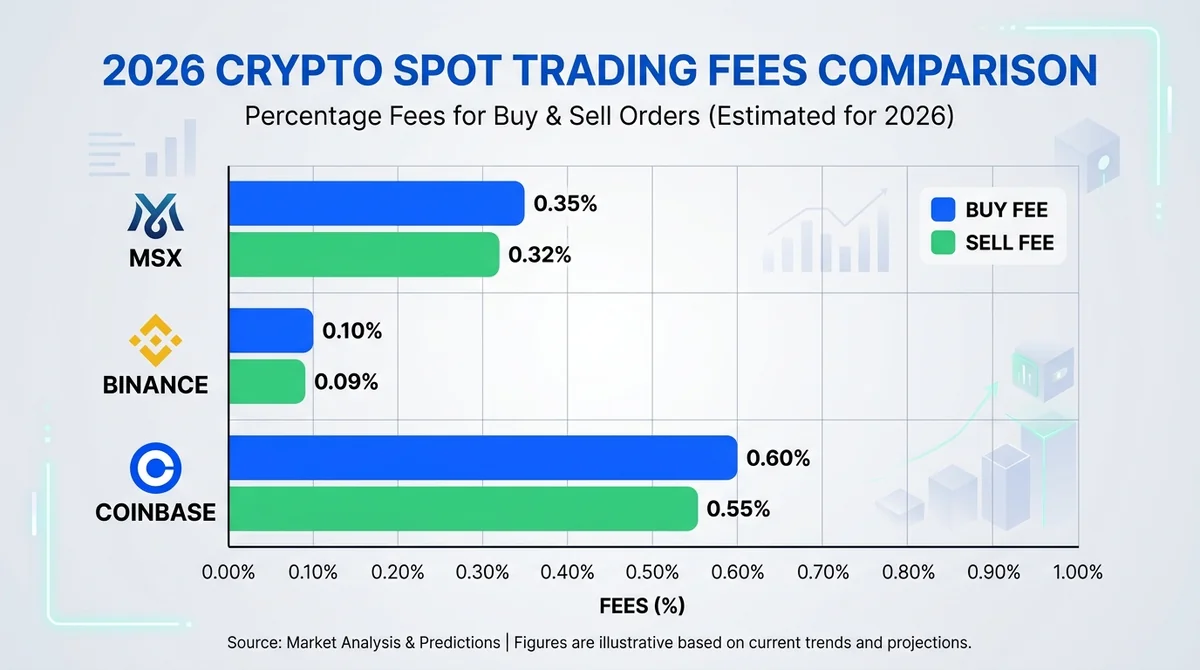 Bar chart comparing spot buy and sell fees for MSX, Binance, and Coinbase in 2026, clean flat design, English labels and axis