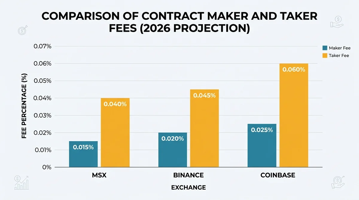 Bar chart comparing contract maker and taker fees for MSX, Binance, and Coinbase in 2026, clean flat design, English labels a