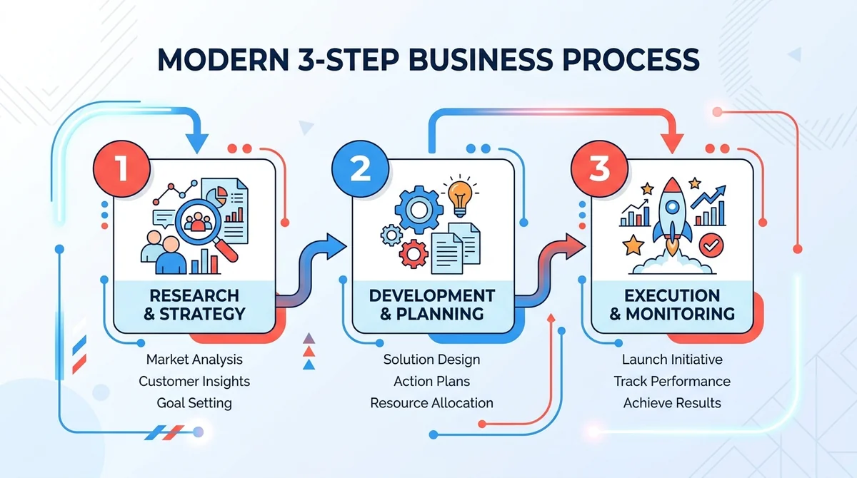 Wide 16:9 horizontal infographic, three step process diagram with icons and arrows, clean flat style, blue and red brand colo