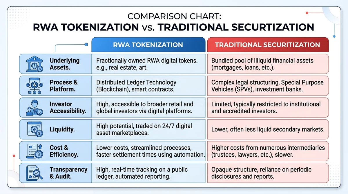Wide 16:9 horizontal comparison chart, table format with two columns (RWA tokenization vs traditional securitization) and six