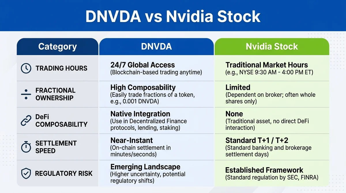 Wide 16:9 horizontal comparison table, two columns labeled 'DNVDA' and 'Nvidia Stock', rows for Trading Hours, Fractional Own