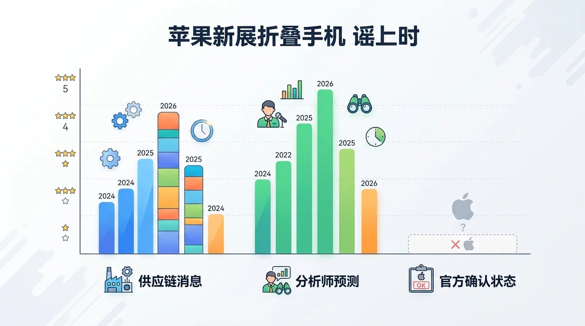 苹果折叠屏发布时间传闻可信度对比图：展示供应链消息、分析师预测、官方确认状态的柱状图