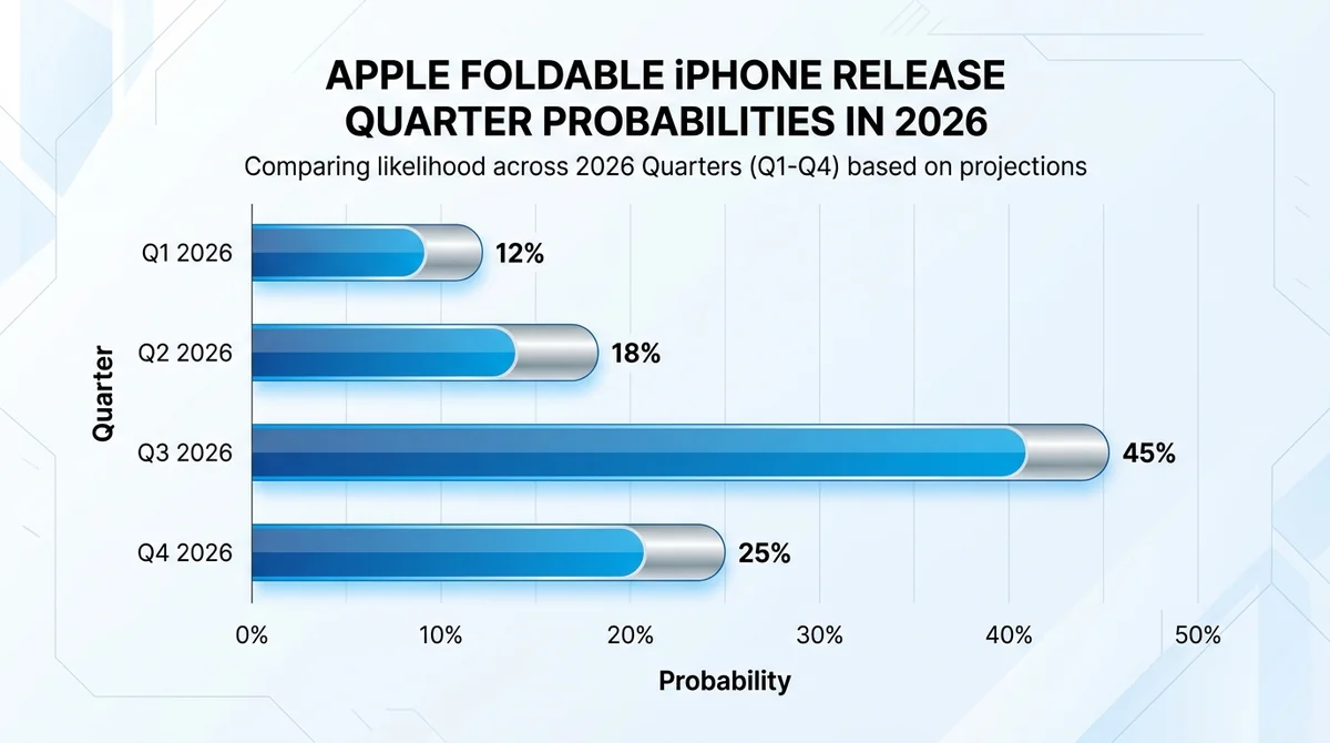 Wide 16:9 horizontal bar chart, comparing release quarter probabilities for Apple Foldable iPhone in 2026, x-axis labeled 'Qu