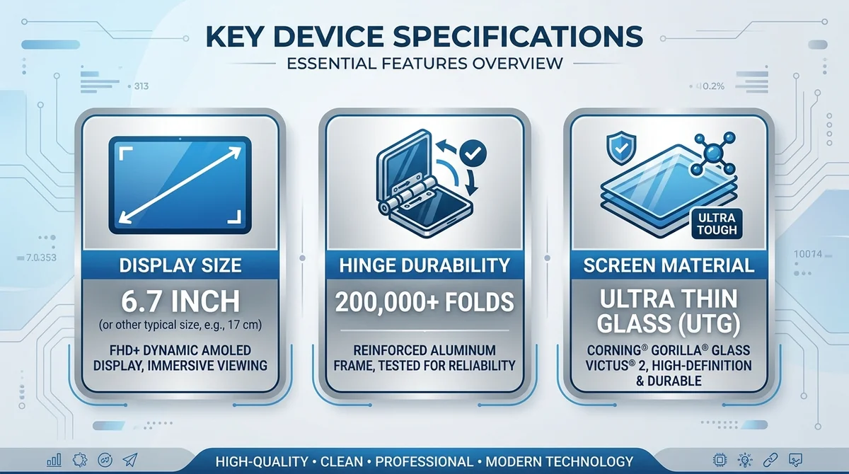 Wide 16:9 horizontal infographic, three key spec icons: display size, hinge durability, screen material, each with English la