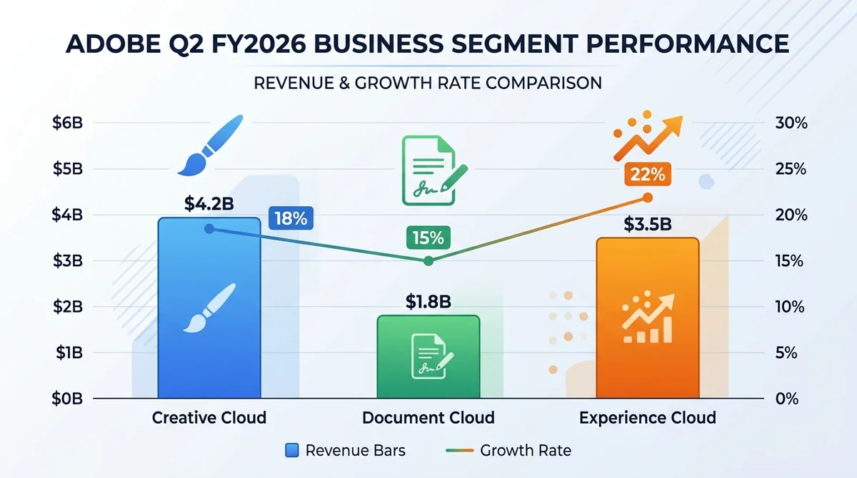 Bar chart comparing Adobe's three business segments (Creative Cloud, Document Cloud, Experience Cloud) revenue and growth rat