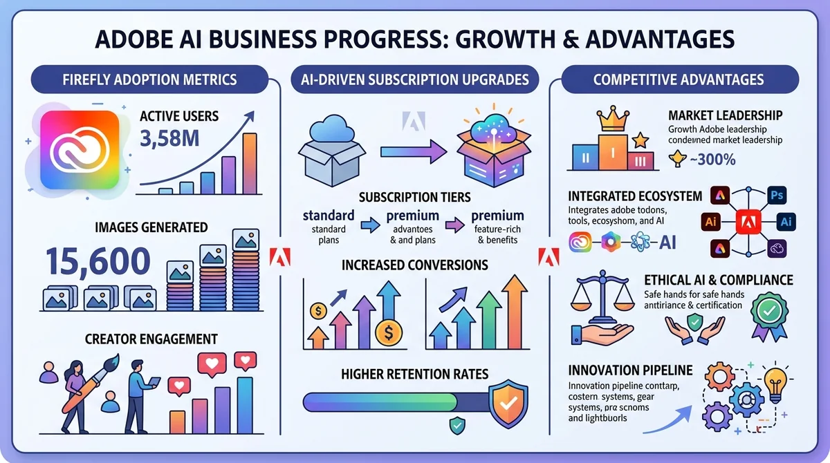 Infographic showing Adobe's AI business progress: Firefly adoption metrics, AI-driven subscription upgrades, and competitive