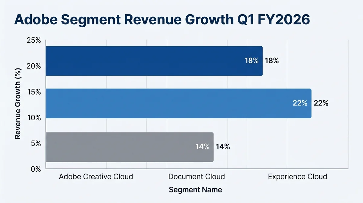 Wide 16:9 horizontal bar chart, three bars representing Adobe Creative Cloud, Document Cloud, Experience Cloud, y-axis labele