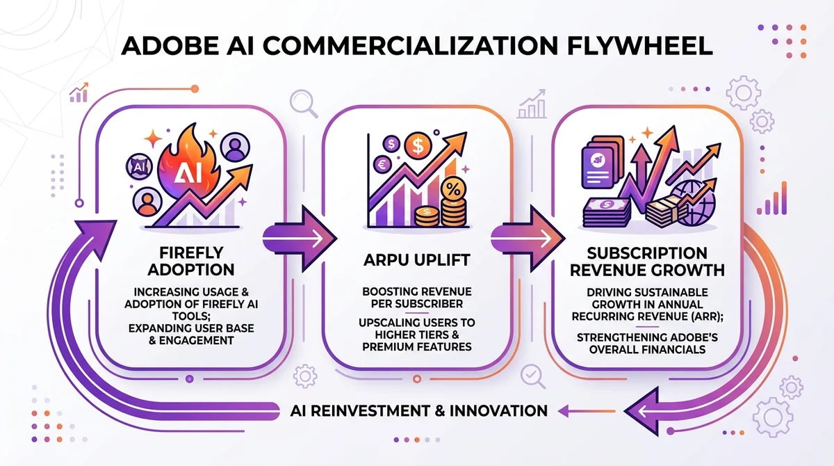 Wide 16:9 horizontal infographic, flow diagram with three connected nodes: 'Firefly Adoption' icon, 'ARPU Uplift' icon, 'Subs