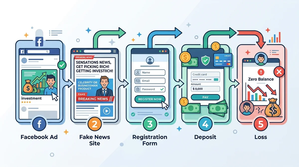 Infographic explaining the scam flow: fake Facebook ad → fake news site → registration form → deposit → loss. Icons for each