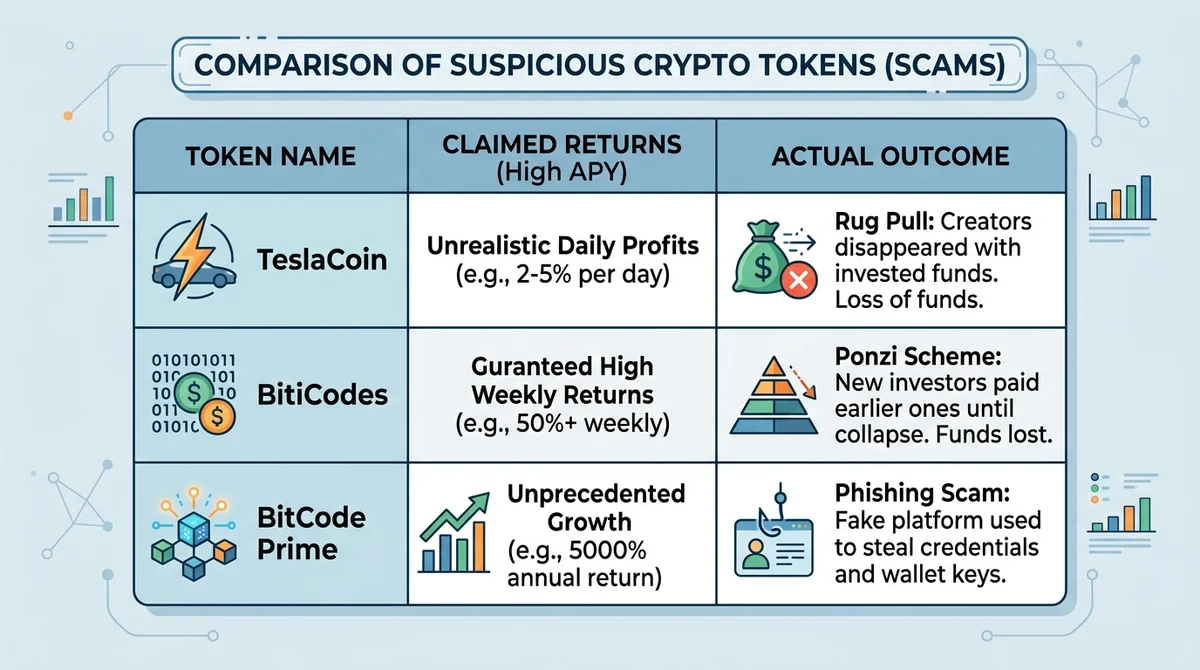 Table comparing fake tokens: TeslaCoin, BitiCodes, BitCode Prime. Columns: Token name, claimed returns, actual outcome.