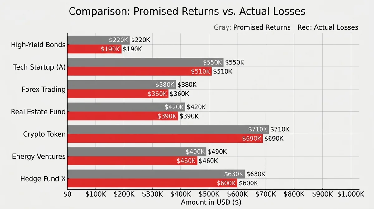 Bar chart comparing promised returns and actual losses, x-axis with amounts in USD, y-axis with scenarios, two bars per scena