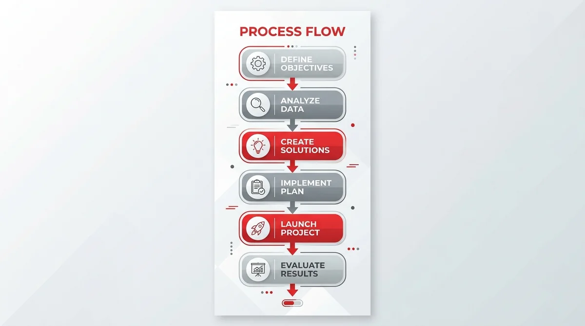 Vertical infographic with 6 steps connected by arrows, each step with an icon and short English label, red and gray color sch