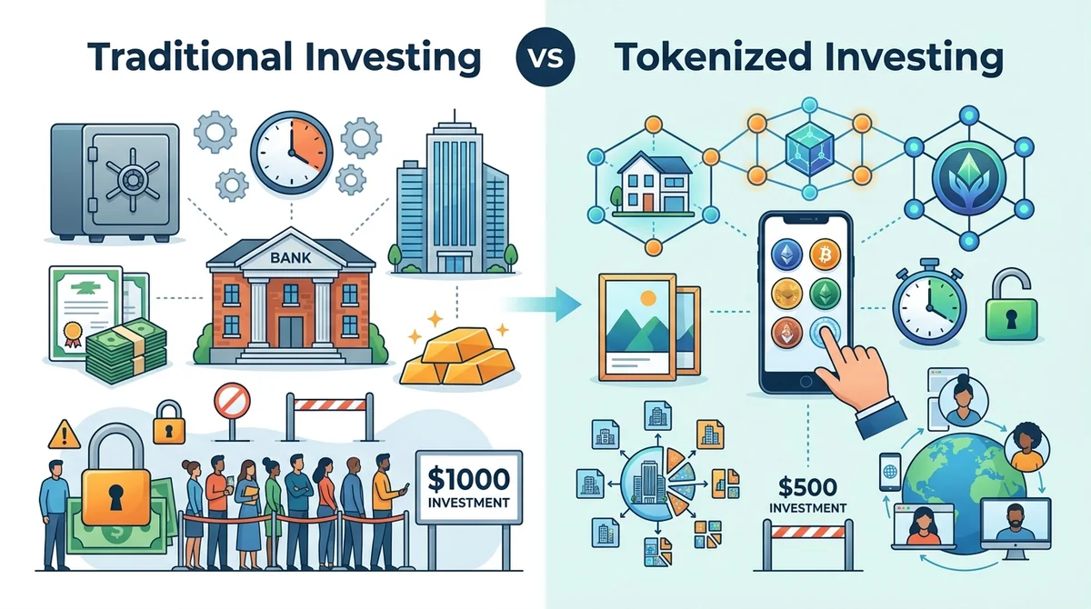 Comparison chart showing traditional investing vs tokenized investing, highlighting liquidity, accessibility, and asset types