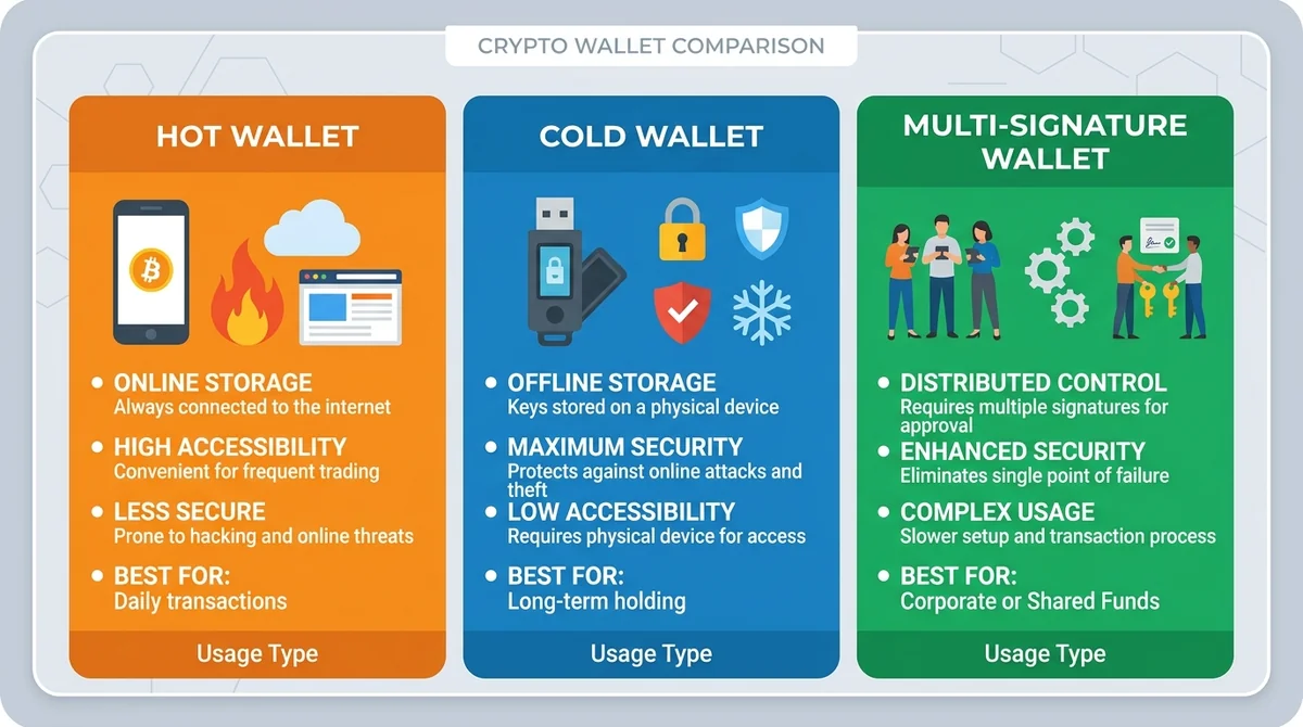 Infographic comparing hot wallet, cold wallet, and multi-signature wallet with icons and brief descriptions
