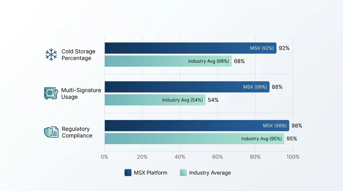 Bar chart comparing key security metrics of MSX platform versus industry average: cold storage percentage, multi-signature us