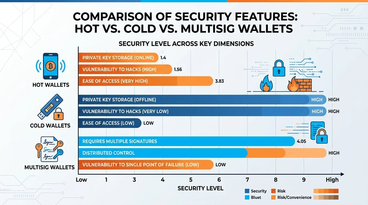 Wide 16:9 horizontal bar chart, comparing security features of hot wallets, cold wallets, and multisig wallets, x-axis labels