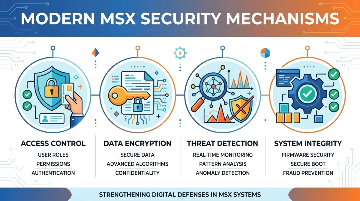 Wide 16:9 horizontal infographic, four icons representing MSX security mechanisms, modern flat design, blue and orange brand