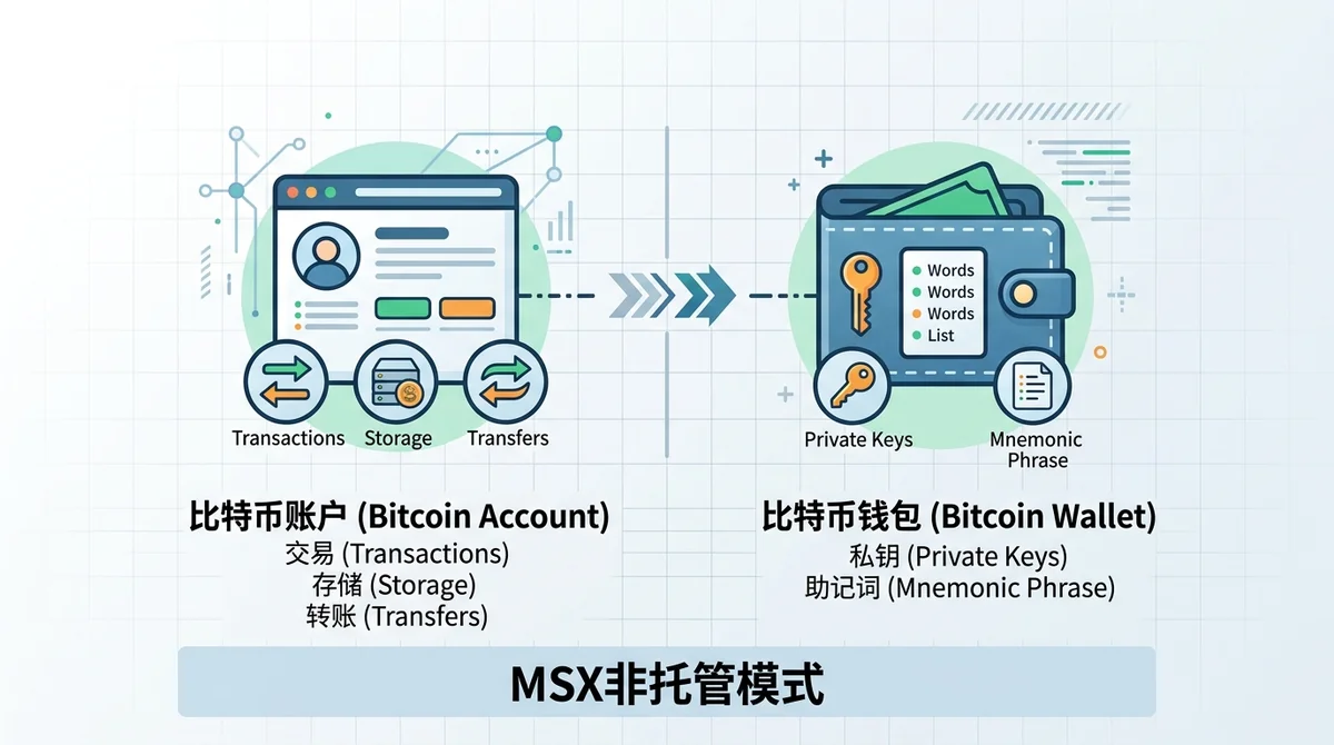 比特币账户与钱包区别对比图：左侧账户图标（交易、存储、转账），右侧钱包图标（私钥、助记词），中间用箭头连接，底部注明MSX非托管模式