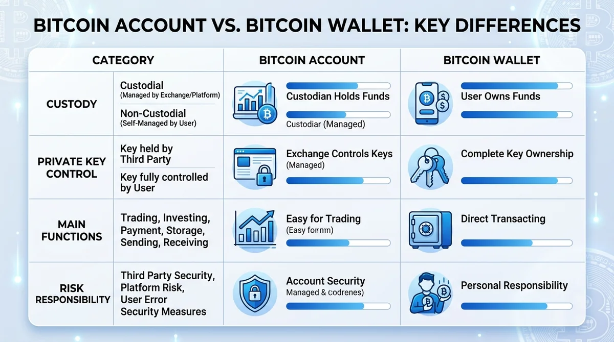 Wide 16:9 horizontal bar chart, comparing Bitcoin account and Bitcoin wallet across four categories: custody, private key con