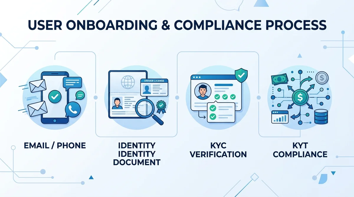 Wide 16:9 horizontal infographic, four icons with labels: email/phone, identity document, KYC verification, KYT compliance, f