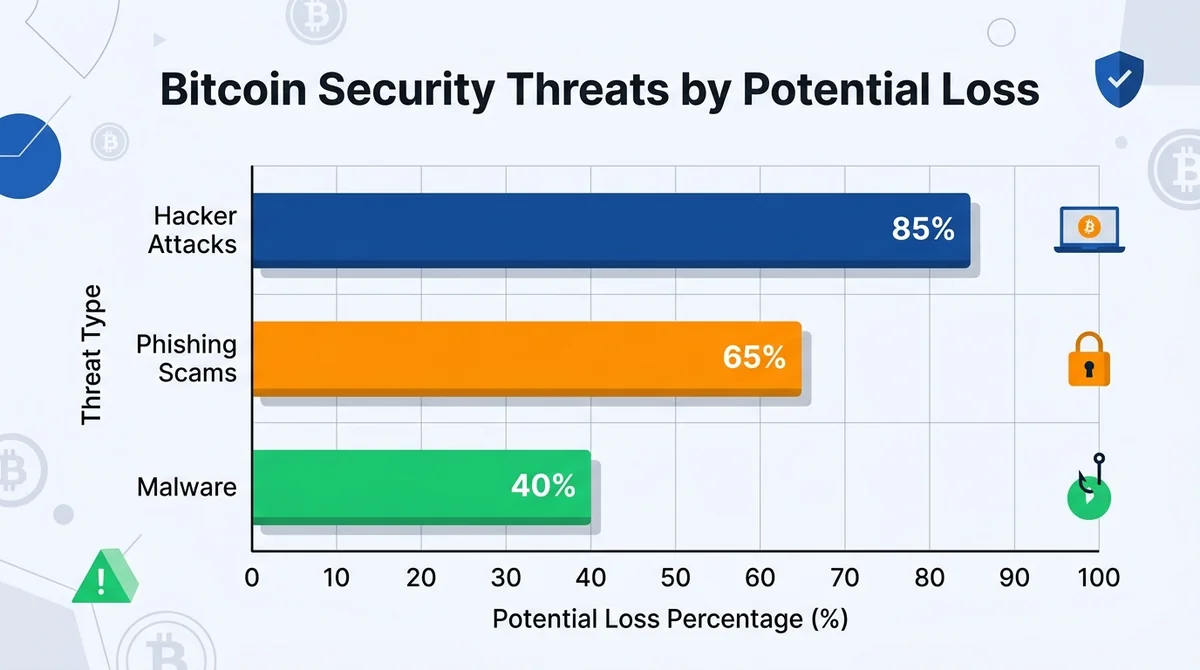 Wide 16:9 horizontal bar chart comparing three Bitcoin security threats: hacker attacks, phishing scams, and malware. Y-axis