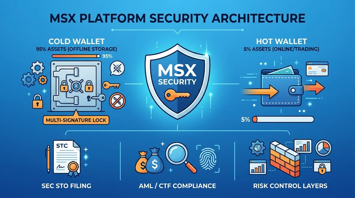 Wide 16:9 horizontal infographic showing MSX platform security architecture. Center a large shield icon, left side cold walle