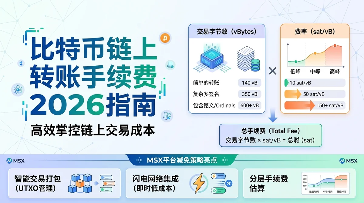 比特币链上转账手续费2026指南：费率构成、区块拥堵与MSX平台减免策略