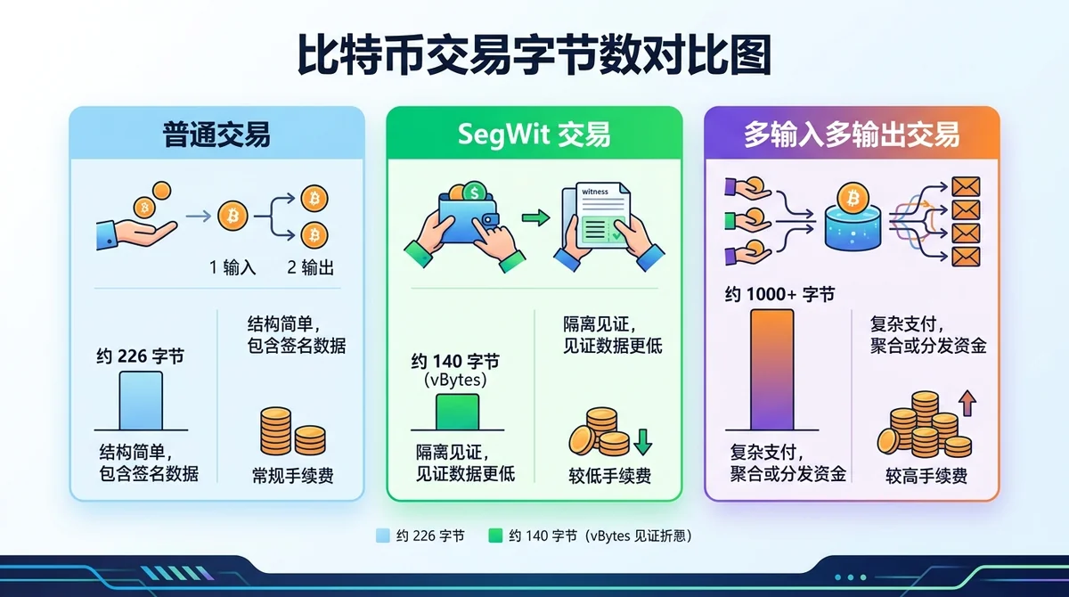 比特币交易字节数对比图:展示普通交易、SegWit交易、多输入多输出交易的字节数差异,并标注对应手续费