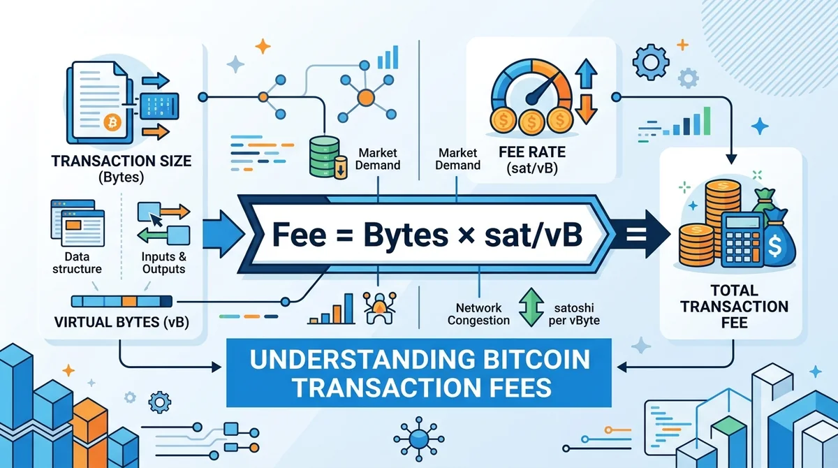 Wide 16:9 horizontal infographic, central formula 'Fee = Bytes × sat/vB', icons for transaction size and fee rate, modern fla