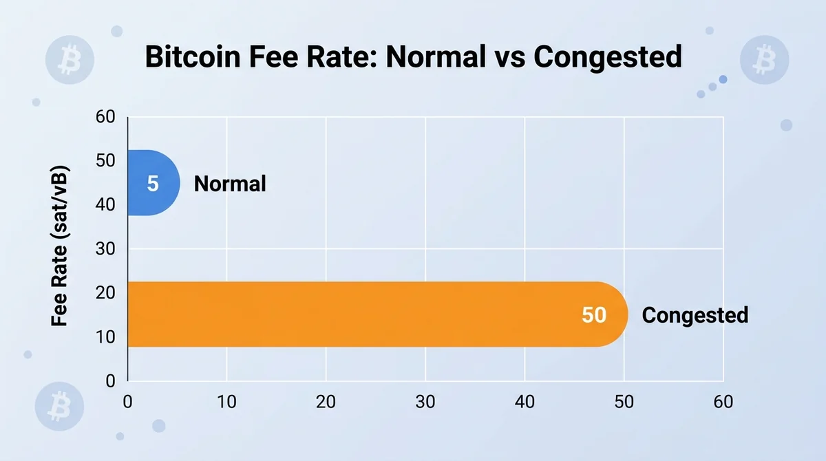 Wide 16:9 horizontal bar chart, two bars: 'Normal' 5 sat/vB and 'Congested' 50 sat/vB, y-axis labeled 'Fee Rate (sat/vB)', mo