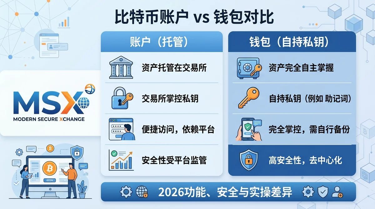 比特币账户 vs 钱包：2026年功能、安全与MSX平台实操差异全解