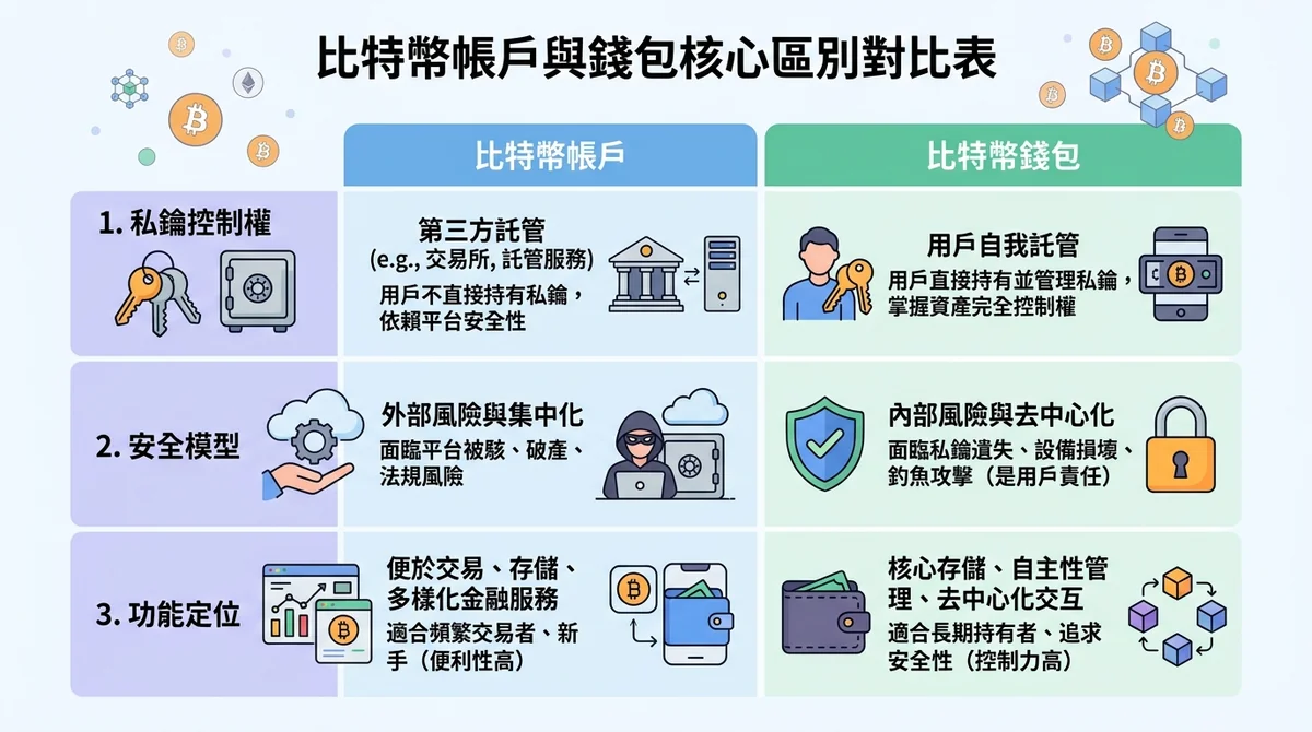 比特币账户与钱包核心区别对比表：私钥控制权、安全模型、功能定位三个维度