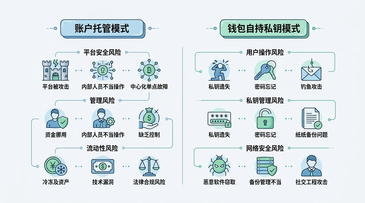 账户托管模式与钱包自持私钥安全风险对比图，左右分栏列出主要风险点