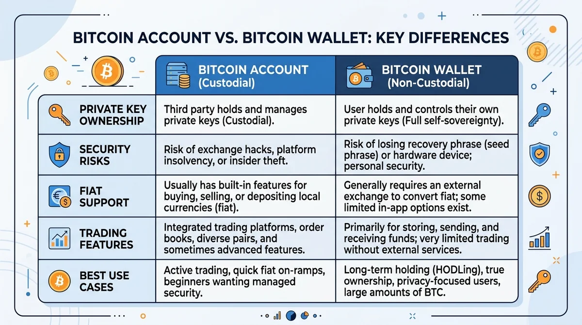 Wide 16:9 horizontal infographic, clean table with two columns 'Bitcoin Account' and 'Bitcoin Wallet', rows for Private Key O