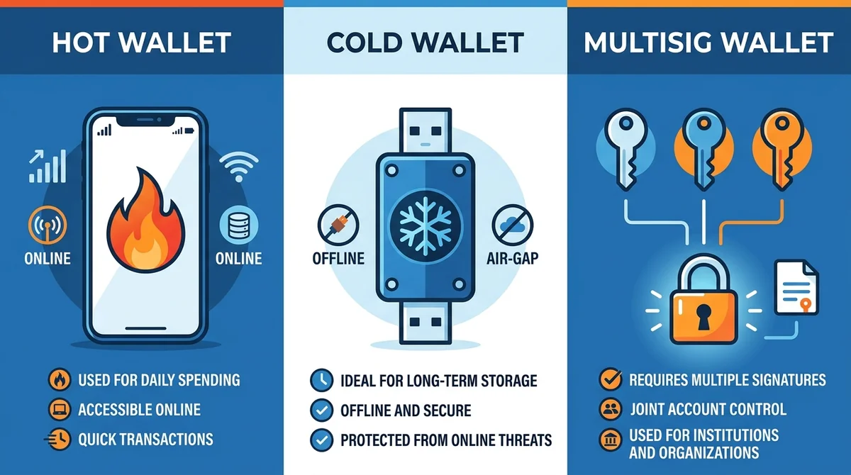 Wide 16:9 horizontal infographic, three equal panels: Hot Wallet (smartphone with flame icon, online, for daily spending), Co