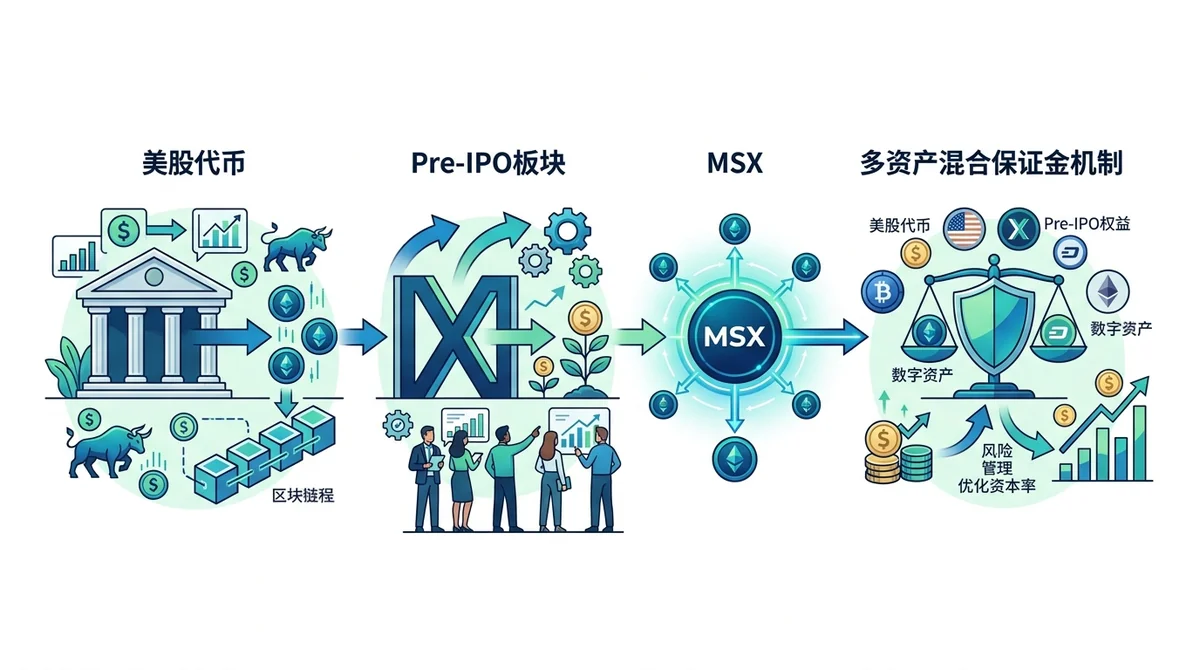 MSX代币化交易流程与优势信息图，展示美股代币、Pre-IPO板块、多资产混合保证金机制