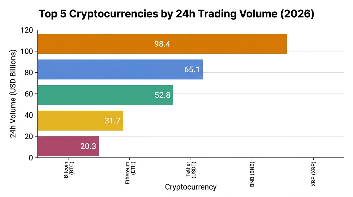 Horizontal bar chart, x-axis labeled 'Cryptocurrency', y-axis labeled '24h Volume (USD Billions)', bars for BTC, ETH, USDT, B