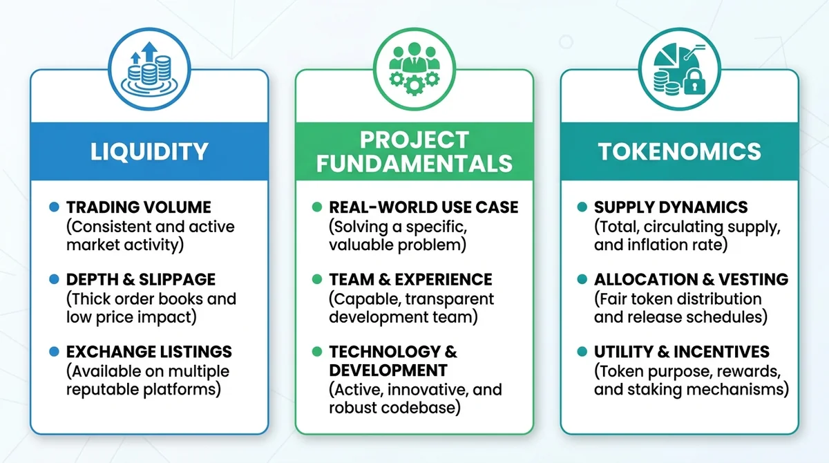 Three vertical panels side by side, each with an icon and bold English heading: 'Liquidity', 'Project Fundamentals', 'Tokenom