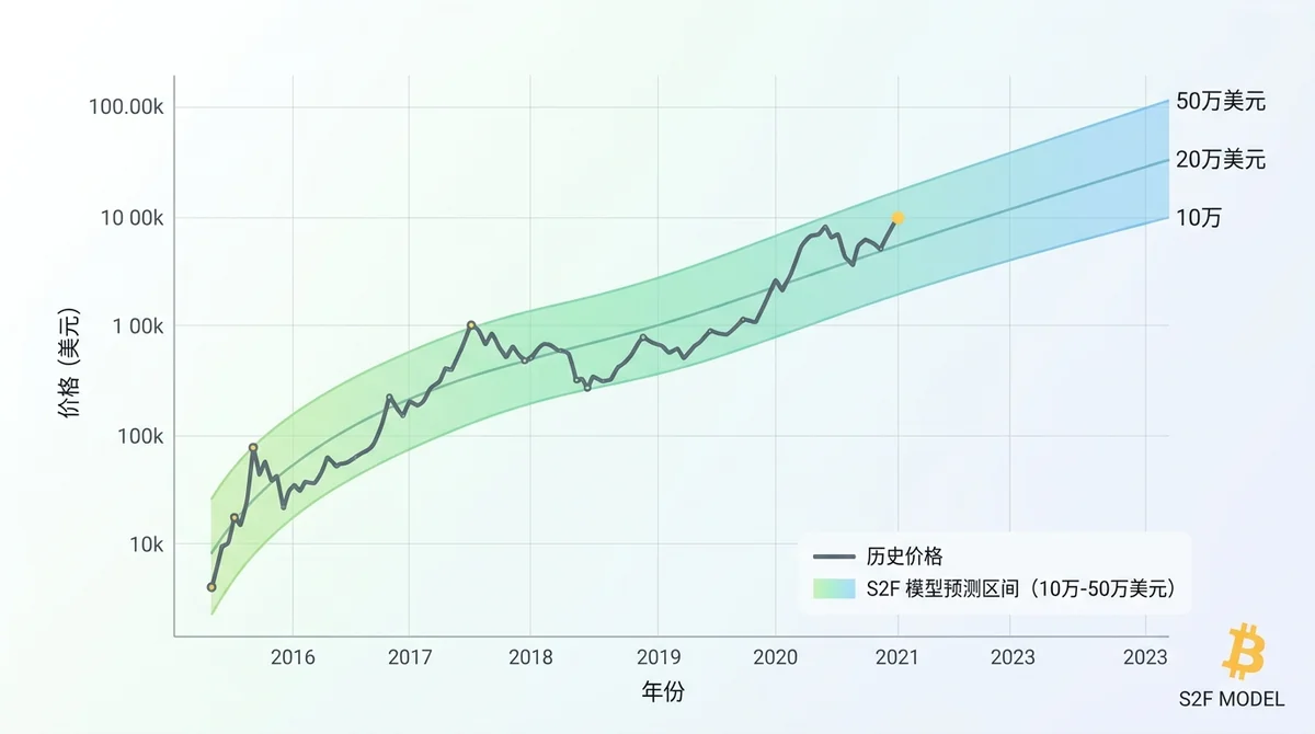 Stock-to-Flow模型预测BTC价格区间图,展示历史价格与模型预测区间(10万-50万美元)