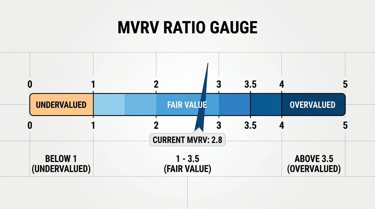 Wide 16:9 horizontal gauge chart, MVRV ratio zones: below 1 undervalued, 1-3.5 fair value, above 3.5 overvalued, needle at 2.