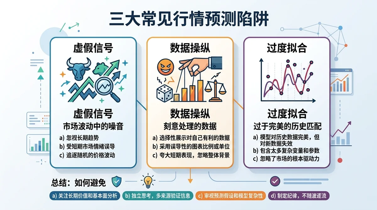 三大常见行情预测陷阱信息图：虚假信号、数据操纵、过度拟合，每个陷阱配图标和简短说明，底部总结如何避免