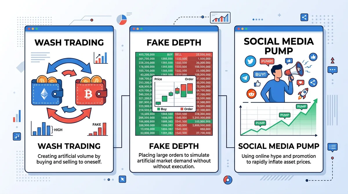 Horizontal infographic with three panels, each showing a data manipulation tactic: wash trading with circular arrows between