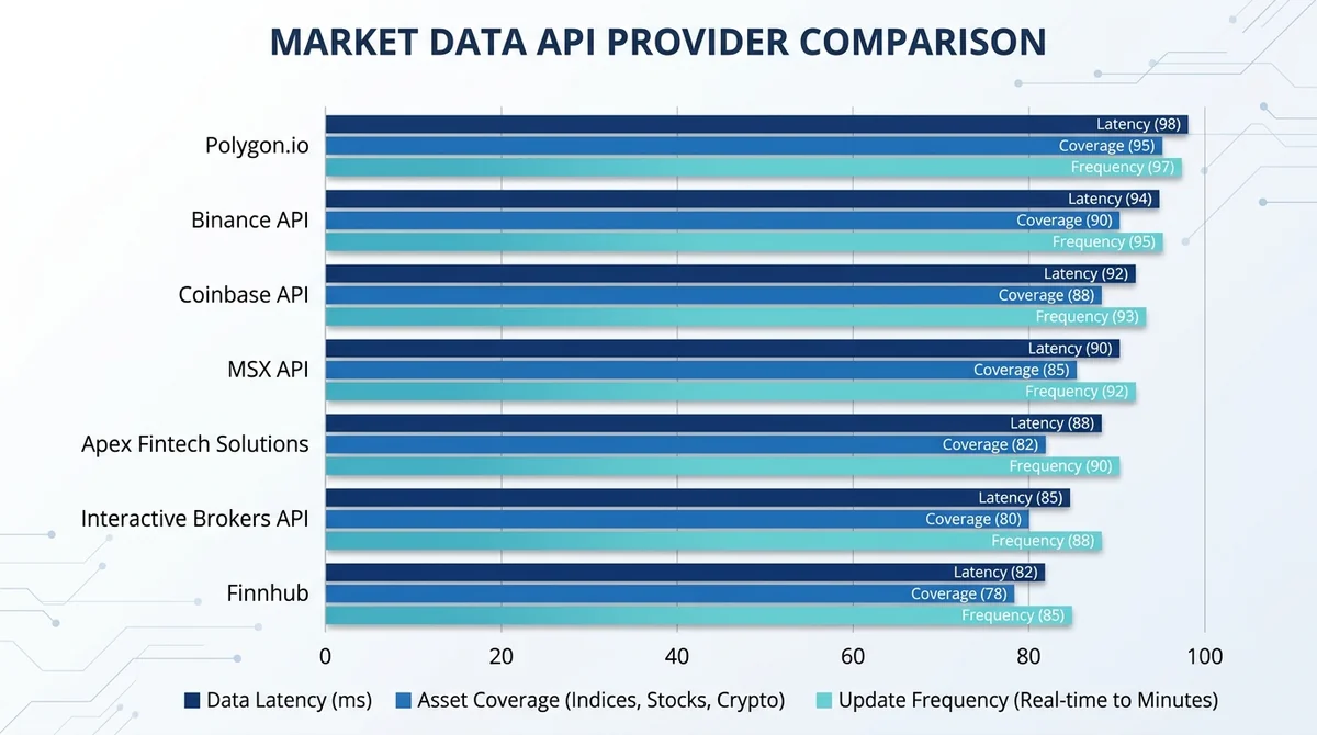 Bar chart comparing top market data API providers: Polygon.io, Binance API, Coinbase API, MSX API, etc. with columns for data