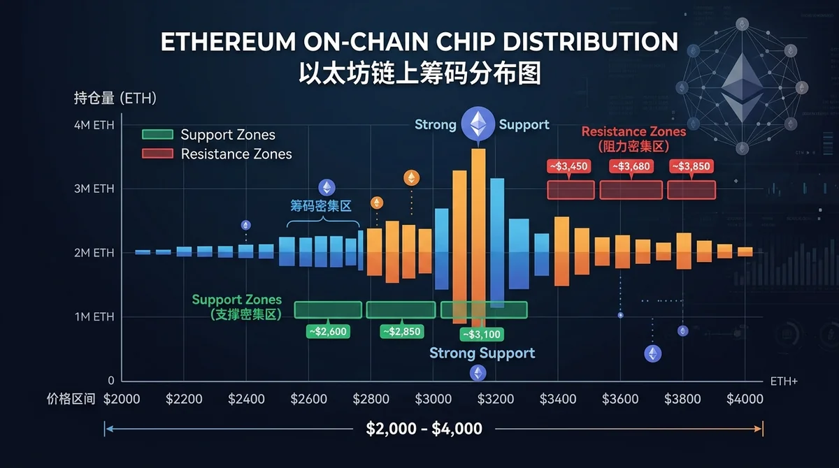 以太坊链上筹码分布图,展示不同价格区间的持仓量,标注支撑/阻力密集区