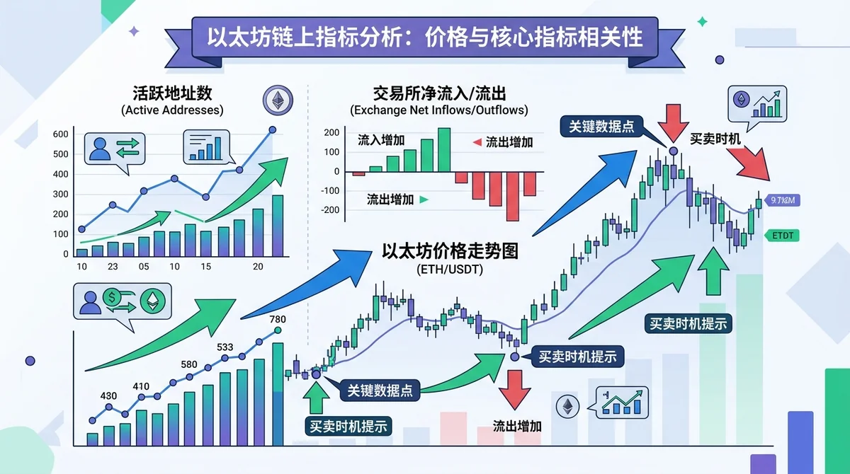 以太坊链上指标信息图:活跃地址数、交易所净流入/流出与价格走势的相关性,包含关键数据点和买卖时机提示