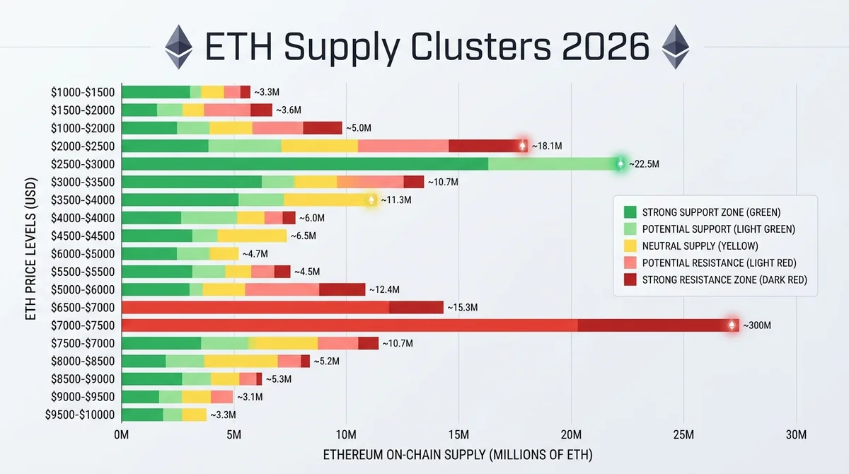 Wide 16:9 horizontal bar chart, comparing Ethereum on-chain supply clusters across different price levels, bars colored by su