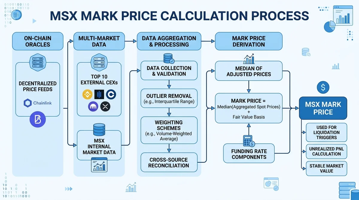 Wide 16:9 horizontal infographic, flowchart showing MSX mark price calculation from on-chain oracles and multi-market data ag