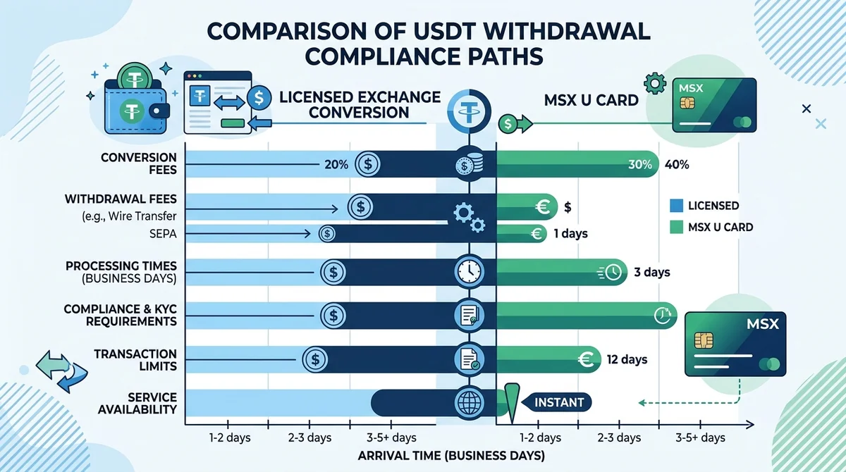 Wide 16:9 horizontal bar chart comparing two compliance paths for USDT withdrawal: licensed exchange conversion vs MSX U Card